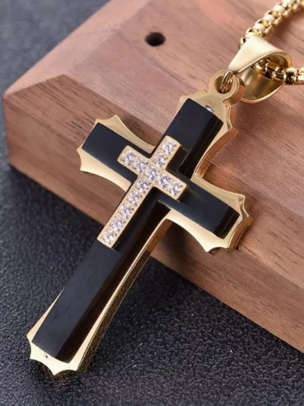 202 Stainless Steel Multi-Layer Cross Pendant Necklace Black Enamel & CZ Stones